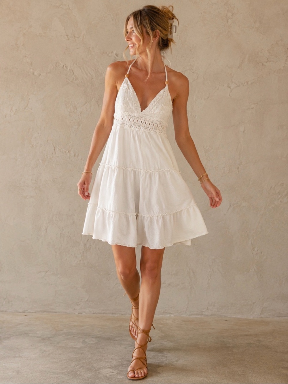 Off White Crochet Halter Beaded Tie Back Boho Tiered Mini Dress Tunic